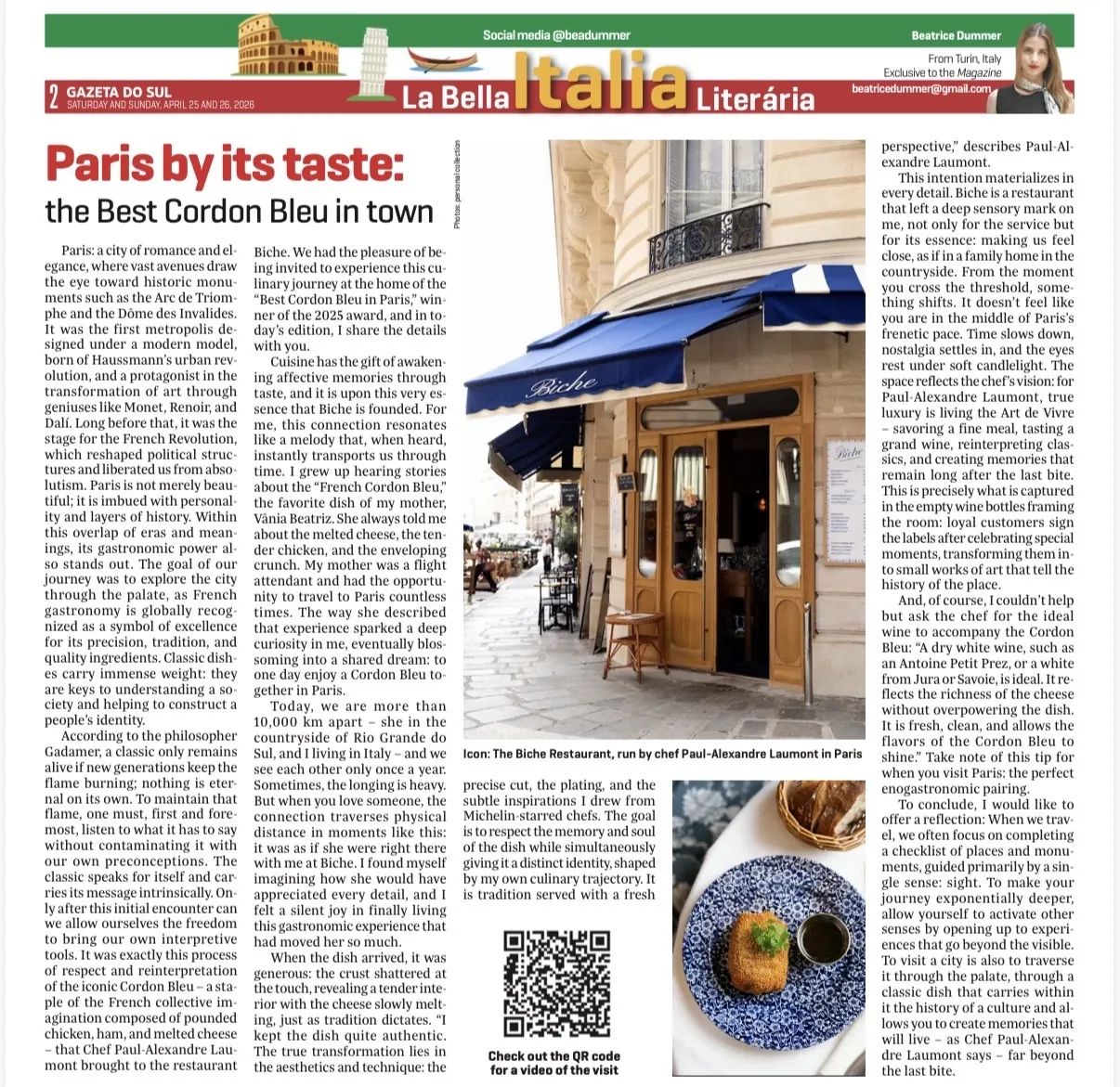 Matéria sobre o Restaurante Biche, em Paris